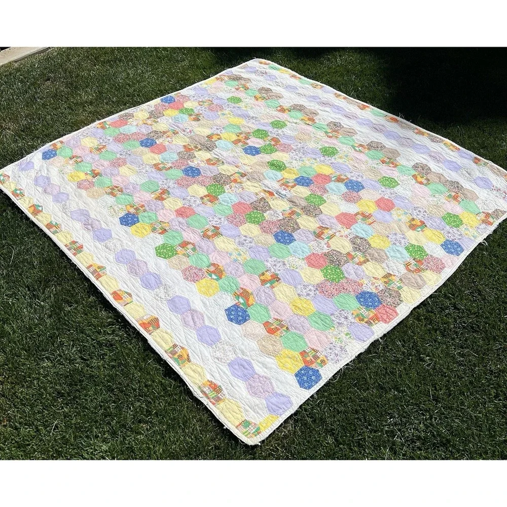 Vintage Hexagon Grandmother's Flower Garden Quilt Hand Made 79